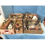 Five boxes of miscellaneous items including wood turnings, lampshades, tins, cutlery, a knife