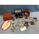 A lacquered jewellery box contained coins, medals, jewellery, a silver bangle, general service