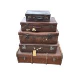 A hessian lined school trunk with wood battens and leather handles; and four miscellaneous leather