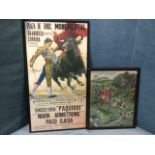 A framed Spanish bullfight poster; and a woolwork tapestry hunting scene with horses and hounds in