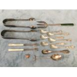 Miscellaneous hallmarked silver including sugar nips, a bread fork with jadeite handle, a set of six