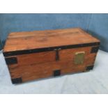 A rectangular pine box with iron mounts and carrying handles with cranked hinges and sliding stay,