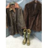 A waxed Mulberry coat with leather collar - side M; a pair of green mens Hunter wellies - size 8;