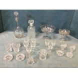 Miscellaneous glass including sets of cut glasses, decanters, comports, pairs of salts, jampot &