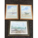 CHG, watercolours, a pair, boats on sand, signed with monogram, mounted & pine framed; and another