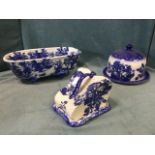 Three pieces of blue & white ironstone - a cheese dish & cover, a bath shaped trough, and another