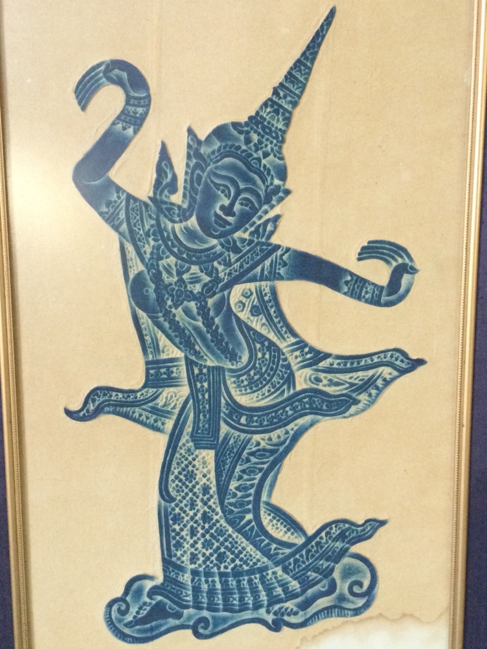 A set of three eastern embossed dancers/musician prints, the blue stained figures relief moulded and - Image 2 of 3