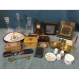 Miscellaneous collectors items including a mauchline Chillingham box, three decanters & stoppers,