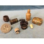 Miscellaneous treen including an hexagonal pot made from HMS Birmingham teak, a mauchline domed