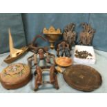 Miscellaneous carved wood and treen including a circular Victorian beadwork stool, saddle racks, a