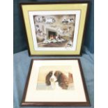 Salbua, watercolour study of a spaniel, signed in pencil, mounted & framed; and Louise Wood, print