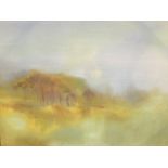 Contemporary oil on canvas, misty landscape with trees, signed indistinctly, titled to label verso