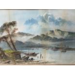 WH Vernon, watercolour, European river landscape with boats and large turreted building on