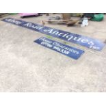 A rectangular nameboard sign from an antiques shop - three pieces. (182in x 18in) (3)