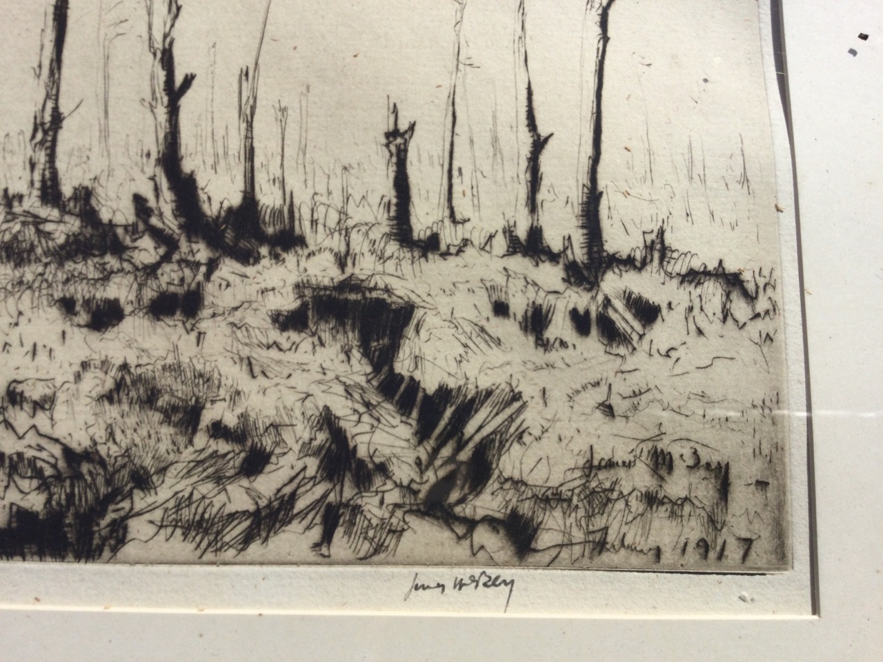 James McBey, etching, no-mans-land landscape with skeleton trees, signed in print and dated 1917, - Image 3 of 3