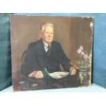 C20th oil on canvas, portrait of a seated gentleman at desk with vase of flowers, unsigned and