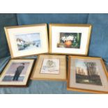 Five miscellaneous prints and watercolours, some signed, all mounted & framed. (5)