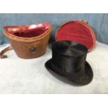 A Victorian leather cased silk top hat by Kirsop & Son, Glasgow, the box with velvet lined