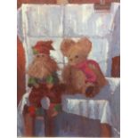 Oliver Warman, oil on board, toys on table, titled & signed to verso Ted & Father Christmas Posing