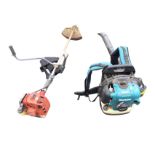 An Efco Stark 3800 petrol garden strimmer with harness; and a Makita MM4 rucksack leaf blower. (2)