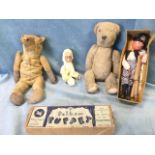 An early boxed Pelham Puppet; two old fairly distressed sad plush teddies; and a sheepskin covered