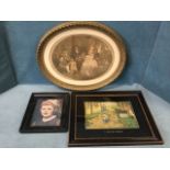 An oval nineteenth century print in leaf moulded gilt & gesso frame; a Dutch print titled A