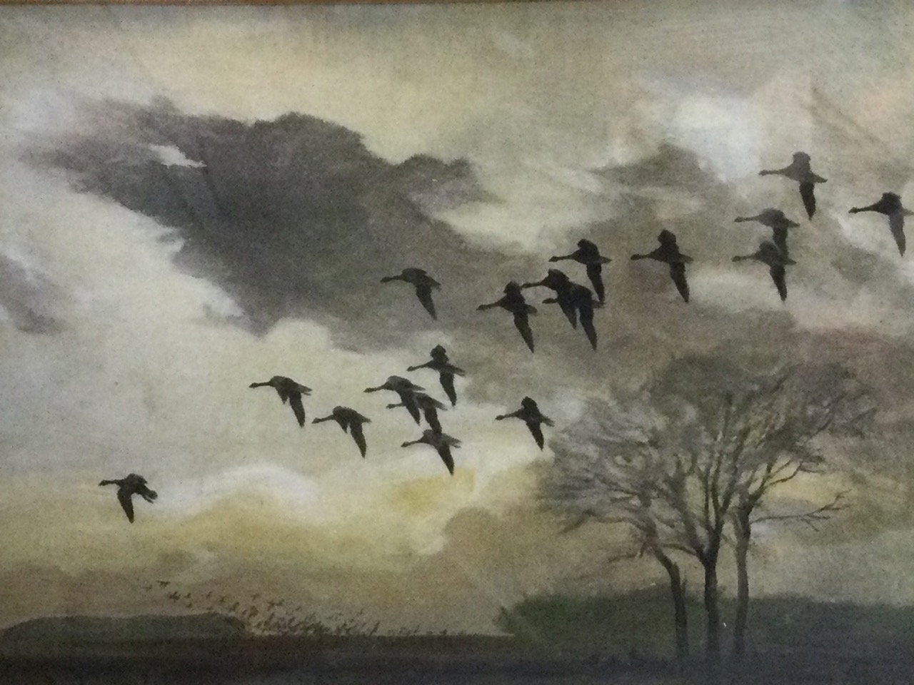An oak framed Peter Scott print titled to verso Geese Moving from Stubble to Potatoes; a coloured - Image 2 of 3