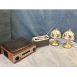 A miniature stereo integrated turntable, amplifier and tuner; a Roberts transistor radio; and a pair