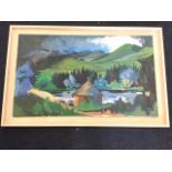JM Hunter, oil on canvas, lake landscape with central hut, signed, laid down in painted frame. (40in