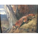 A Wheeler, oil on board, fox stalking a rabbit beneath tree, signed & framed. (9.75in x 8.5in)