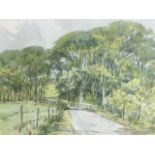 GM Hutchinson, watercolour, country landscape with trees and road, titled Nr Blagdon Hall,