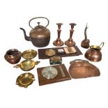 Miscellaneous collectors items including a pair of Victorian copper candlesticks, an onyx mounted
