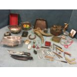 Miscellaneous items including silver plate, a twin horn inkwell, a copper oil lamp, an AA badge,