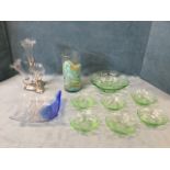 Miscellaneous glass including an eperne with triangular silver plated stand - one flute absent, an