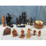 Miscellaneous carved African wood including figures, masks, animals, etc; some European carved and