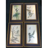 A set of four Chinese silk paintings - birds, blossom foliage, bamboo, landscape and pony, signed