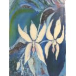 Ramsay Ong, batik cloth painting with orchids on blue ground, signed, and with artists chomp stamp,
