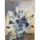 Marion Broom, watercolour, vase of spring flowers - tulips, irises etc., signed and framed. (22in