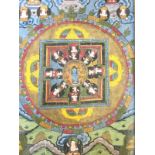 Oil on canvas, an eastern thangka with central buddha style medallion framed by figures in