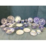 Miscellaneous blue & white ceramics including vases, bowls, willow pattern, tea cups & saucers,