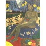 A collage after Gaugin, depicting Tehura holding an apple, using seed mosaic, petals, fabric, leaves