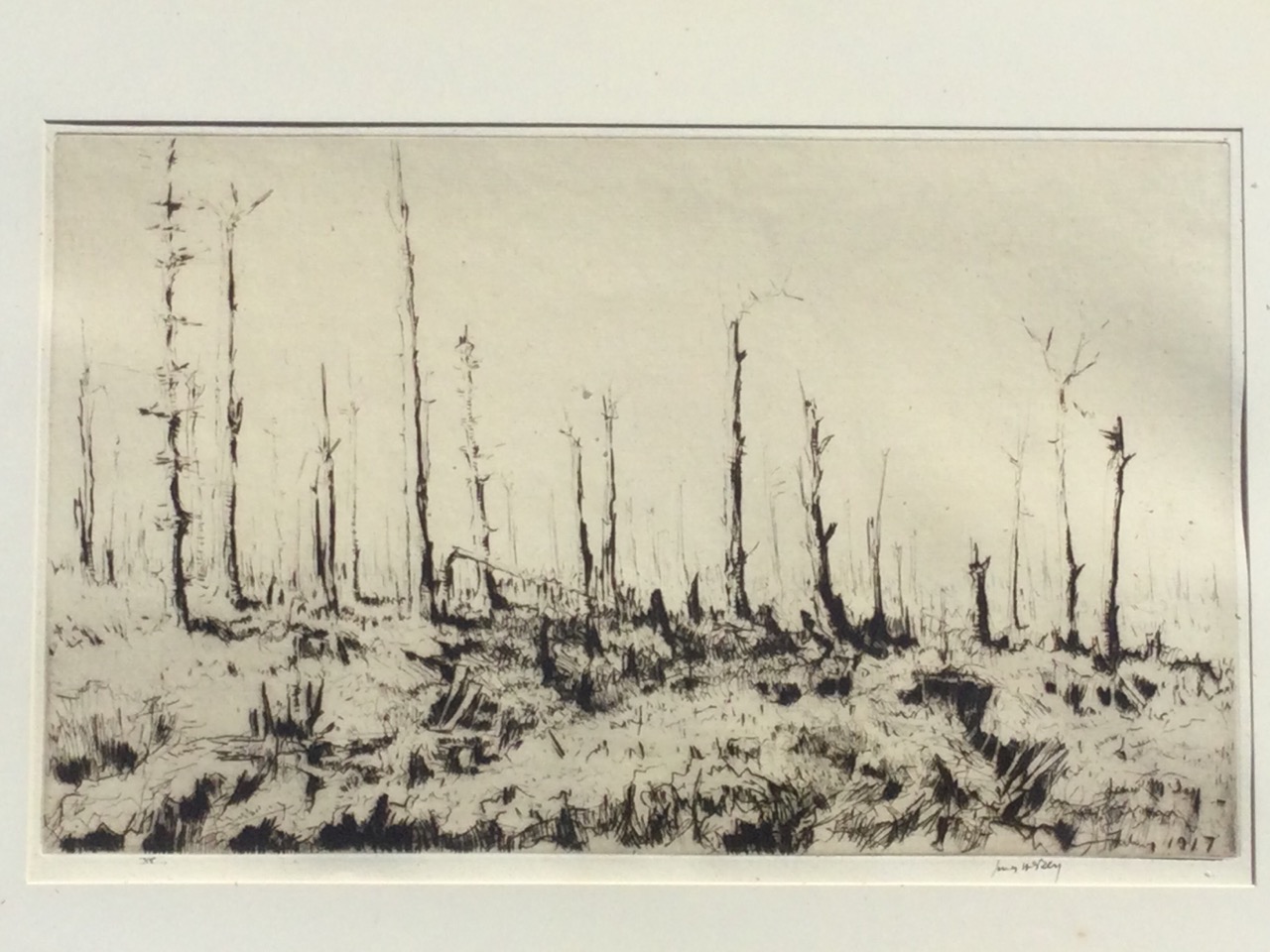 James McBey, etching, no-mans-land landscape with skeleton trees, signed in print and dated 1917,