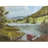 AC Reeve, watercolour, lake landscape with boat tied up by foreshore, signed, mounted & framed. (