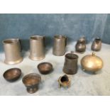 Miscellaneous pewter including tankards, jugs, an early cup, a benares frog ashtray, a pair of