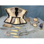 Miscellaneous hallmarked silver & plate including a ladies hand mirror, a cased canteen of