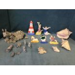 A collection of zebras - ceramic, resin, beaded, etc; a collection of ceramic seaside figural wall