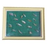 A gilt framed collection of old salmon flies, the baize lined case with 18 miscellaneous vintage