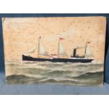 An Edwardian naive watercolour of the steamboat Iolite, the ship with sails up, flags flying and