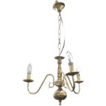 A Dutch style brass hanging light suspended by chain from ceiling rose, the baluster column with