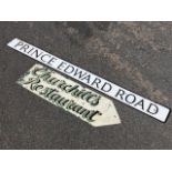 A rectangular road sign - Prince Edward Road; and a handpainted metal sign - Churchills